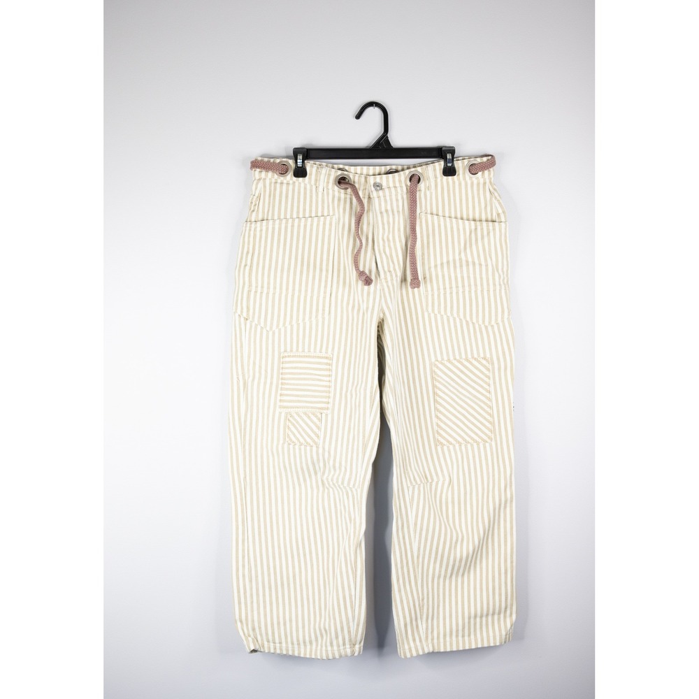 BIBI Striped Wide Leg Pants Women Large Tan White Barrel Boho Rope Drawstring
